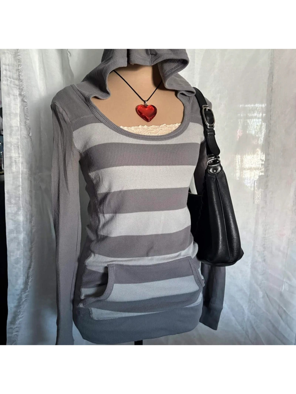 grey striped fitted long sleeve top